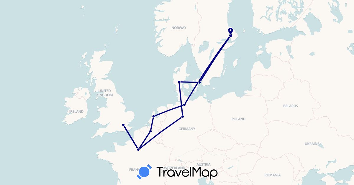 TravelMap itinerary: driving in Belgium, Germany, Denmark, France, United Kingdom, Netherlands, Sweden (Europe)
